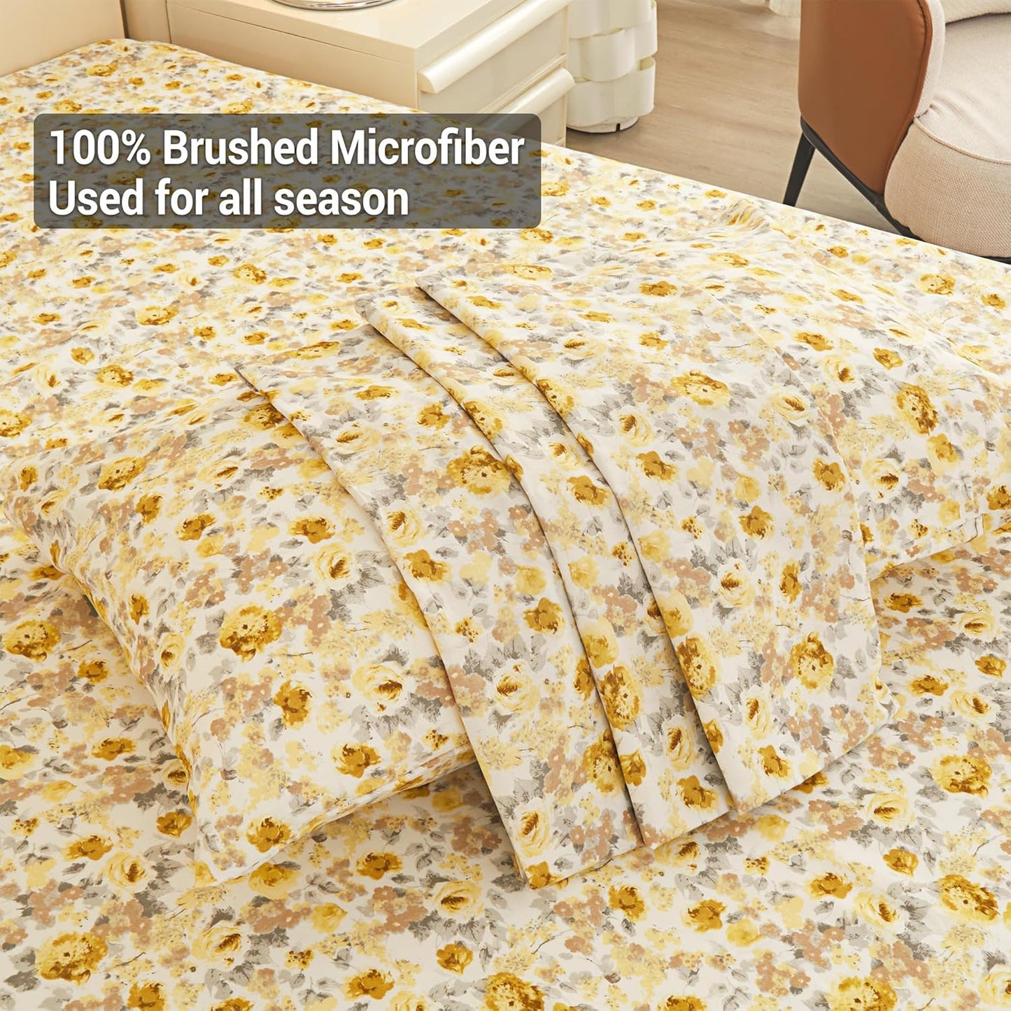 Viviland Floral Queen Sheet Set - 4 Piece Vintage Pink & Yellow Flower Patterned Bed Sheets - Soft, Breathable Microfiber Sheets with Deep Pocket, Non-Slip Fitted Sheets & Pillowcases