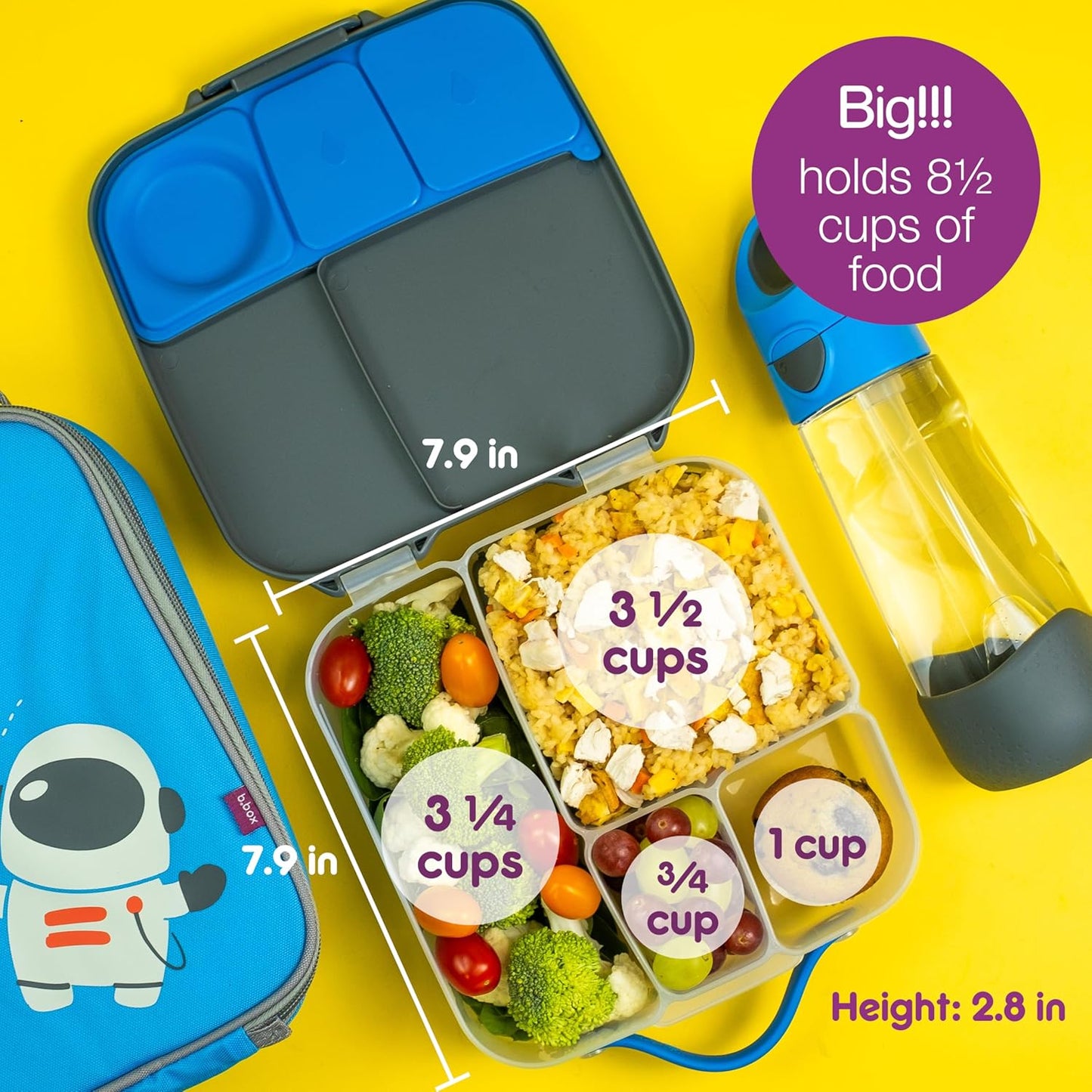b.box 5-Compartment bento Style Lunch Box for Kids, Toddlers, Childrens, BPA-Free Food Storage Container with Cooler Pack, ON-The-GO Food Box with Handles Included Custom Divider, Lemon Twist