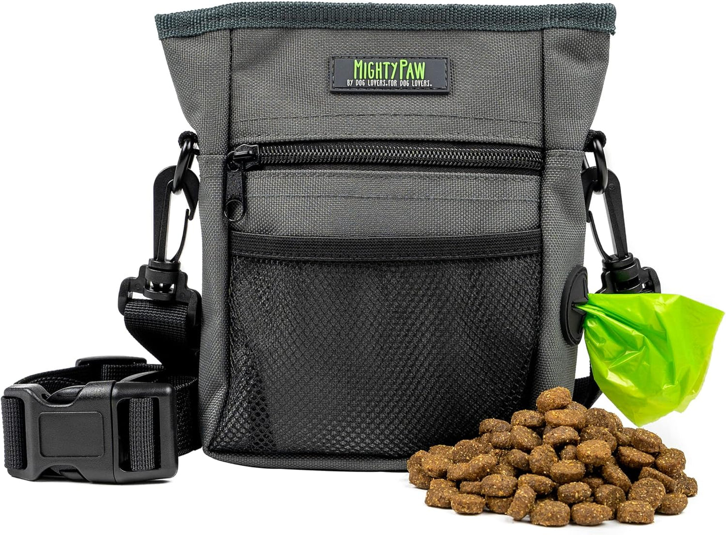 Mighty Paw Dog Treat Pouch 2.0 | Pet Training Hands-Free Snack Bag w/Strap. Holds 2 Cups Kibble, Poop Bags, Phone & Keys. Magnetic Clasp & Waist Belt Clip. Includes 1 Roll of Poop Bags