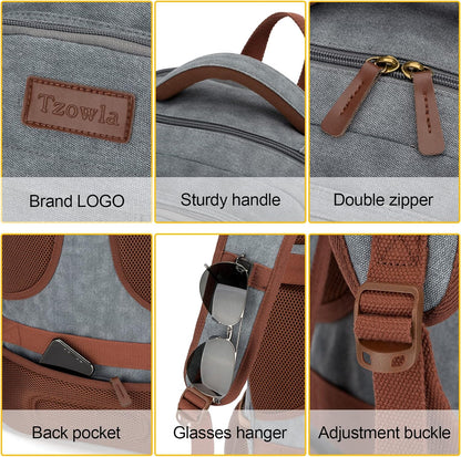 Tzowla Canvas Laptop Backpack Men,Bag for Women,School Travel College Work Rucksack Fits 15.6 Inch Laptop,Bookbag with USB Charging Port,Dark Grey