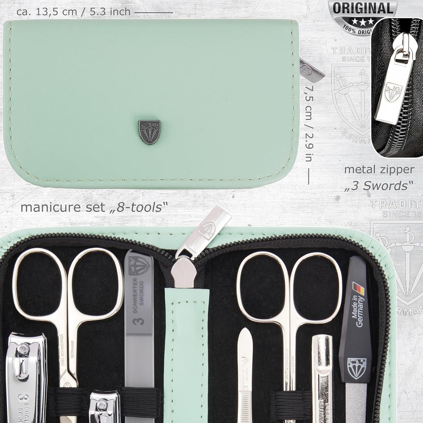 3 Swords Germany - brand quality 8 piece manicure pedicure grooming kit set for professional finger & toe nail care scissors clipper fashion leather case camou in gift box, Made in Germany