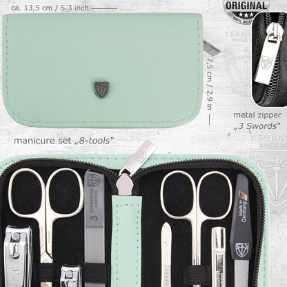 3 Swords Germany - brand quality 8 piece manicure pedicure grooming kit set for professional finger & toe nail care scissors clipper fashion leather case camou in gift box, Made in Germany