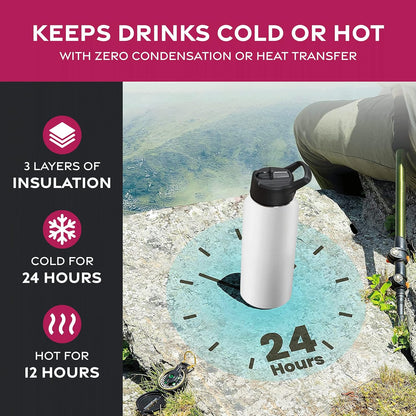 FineDine Water Bottle - Stainless Steel Insulated Water Bottle with Straw Lid, Flip Lid & Wide-Mouth Cap - Keeps Hot and Cold - 25 Oz / 739ml - Pure Pearly White