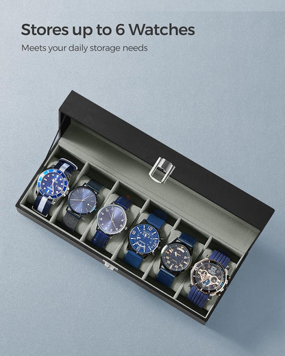 SONGMICS Watch Box, 6-Slot Watch Case, Watch Box Organizer, Black Synthetic Leather, Greenish Gray Lining UJWB06BK
