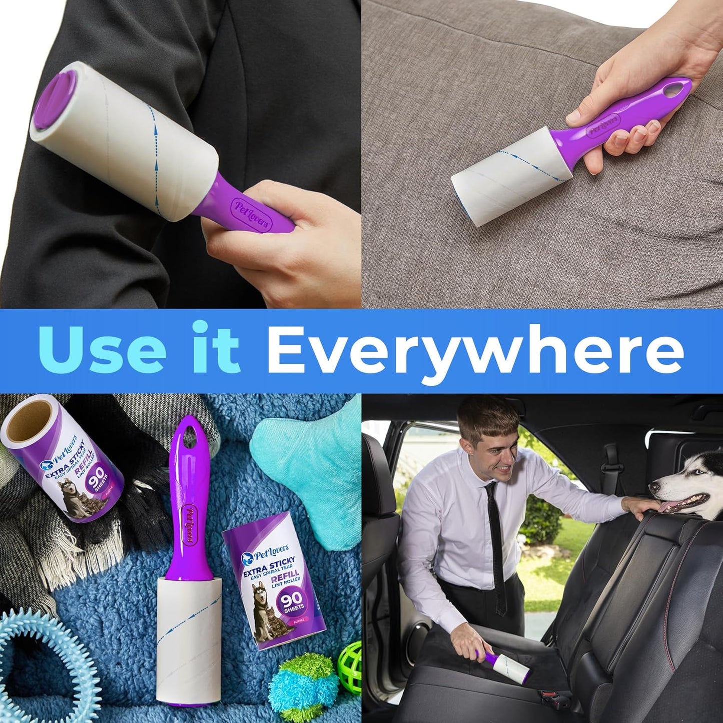 PetLovers Extra Sticky Lint Roller Mega Value Set for Pet Hair Removal, Dog and Cat Lint Remover (1 Pack Reusable)