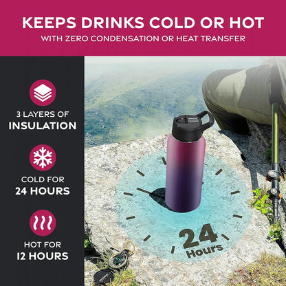 FineDine Water Bottle - Stainless Steel Insulated Water Bottle with Straw Lid, Flip Lid & Wide-Mouth Cap - Keeps Hot and Cold - 25 Oz / 739ml - Pure Pearly White