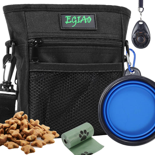 Dog Treat Pouch with Collapsible Dog Bowl, Training Clicker and Poop Bags, Treat Pouches for Pet Training, Built-in Poop Bag Dispenser, Waist Belt Clip, Puppy Treat Pouch Magnetic Closure - Black