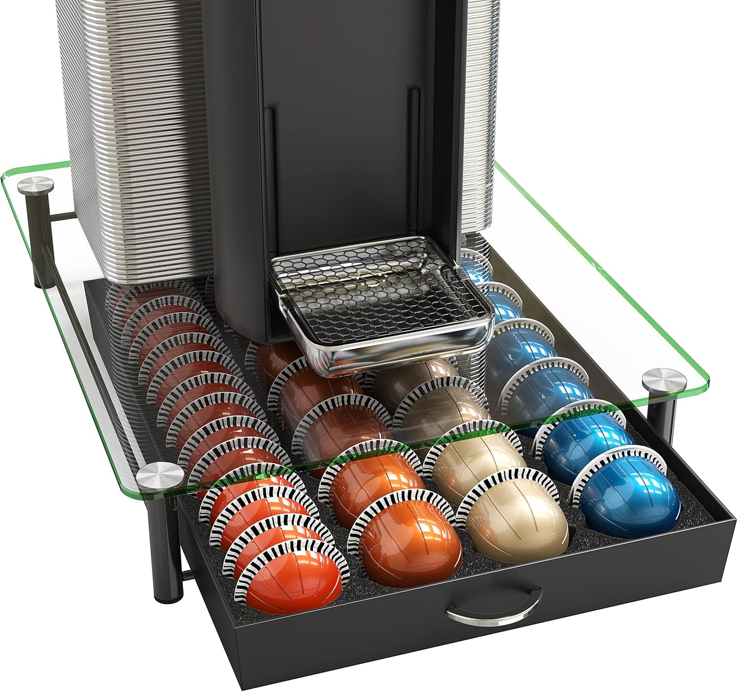 DecoBrothers Vertuo Pod Holder VertuoLine Drawer Storage for Nespresso Coffee Capsules, Crystal Tempered Glass, White