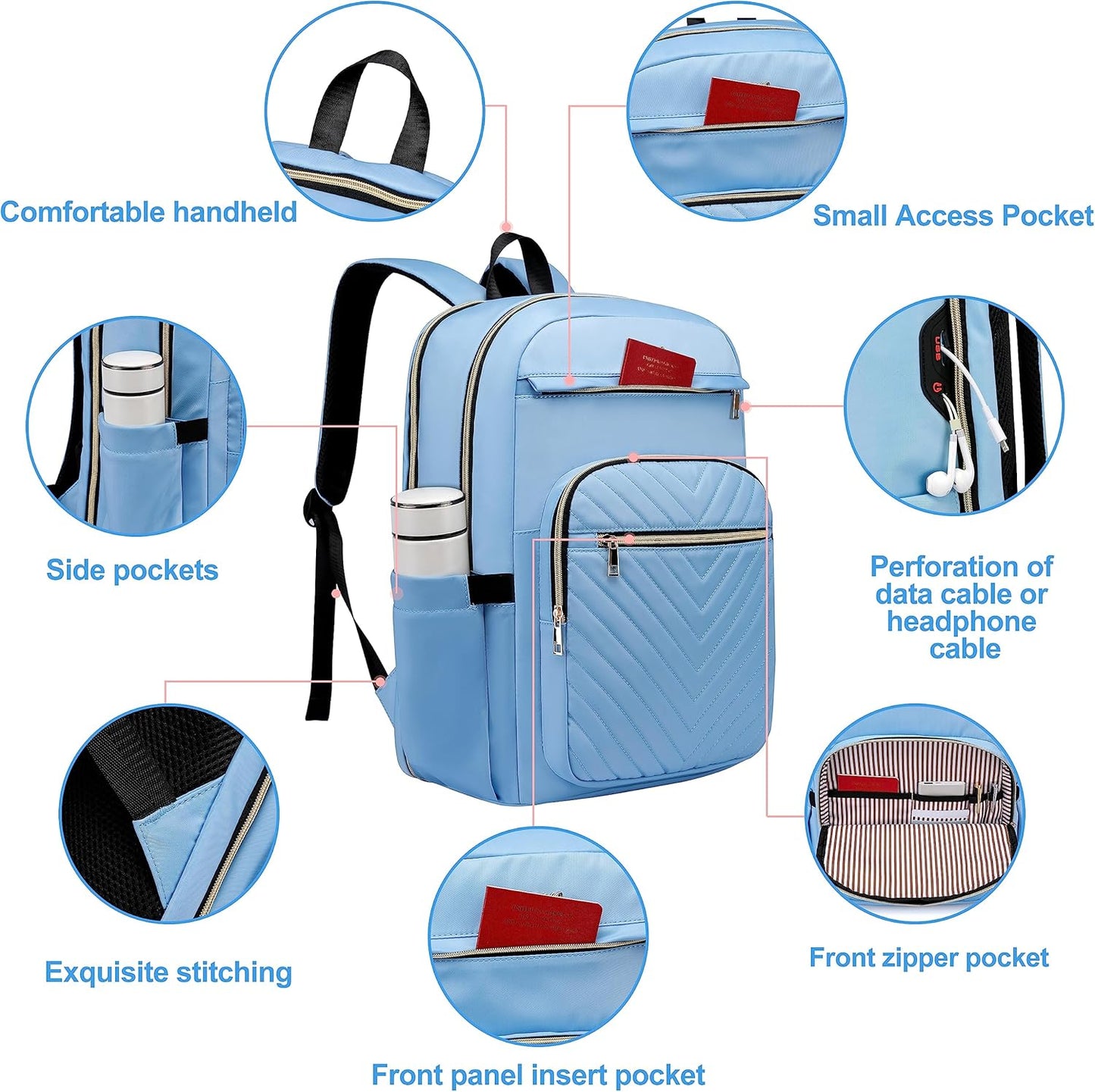 Laptop Backpack for Women Men, Water Resistant Travel Work Backpacks Purse Stylish College Business Teacher Nurse Computer Bag, Fits 17.3" Laptop Light Blue