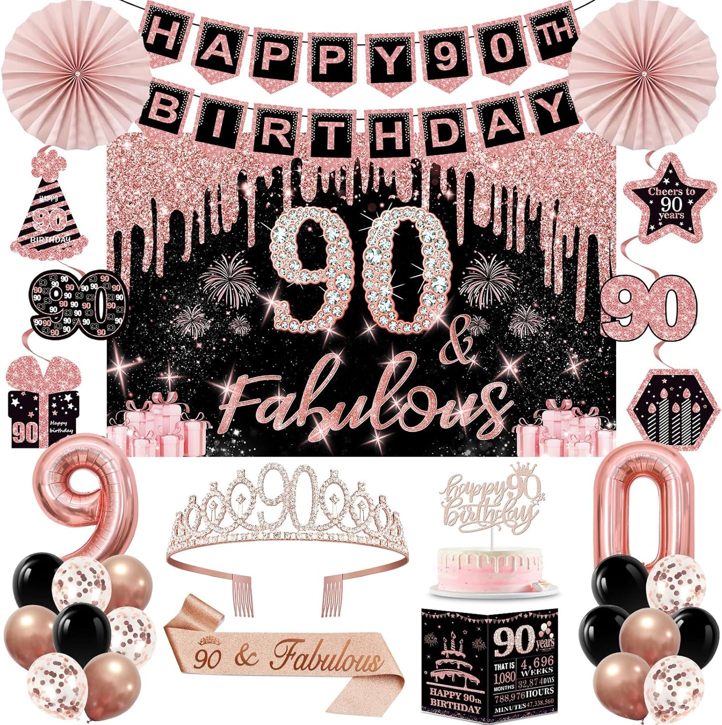 40th Birthday Decorations for Women,32pcs 40th Birthday Party Decorations,Including Backdrop, Crown,Sash,banner, Hanging Swirl,Cake Topper,balloons,Paper Fans,Anniversary Card and paper fans