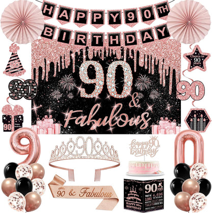 40th Birthday Decorations for Women,32pcs 40th Birthday Party Decorations,Including Backdrop, Crown,Sash,banner, Hanging Swirl,Cake Topper,balloons,Paper Fans,Anniversary Card and paper fans