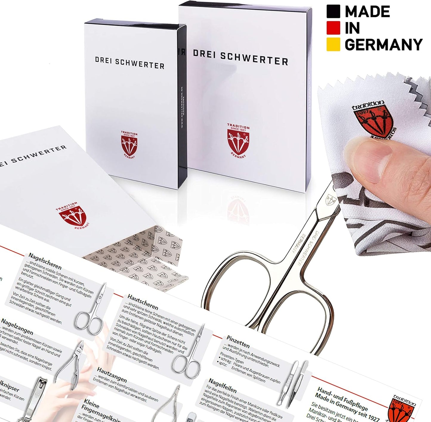 3 Swords Germany - brand quality 8 piece manicure pedicure grooming kit set for professional finger & toe nail care scissors clipper fashion leather case camou in gift box, Made in Germany