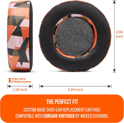WC Freeze Virtuoso - Hybrid Fabric Cooling Gel Replacement Earpads for Corsair Virtuoso Gaming Headset, Made by Wicked Cushions, Improved Durability, Thickness and Sound Isolation | Red Prism