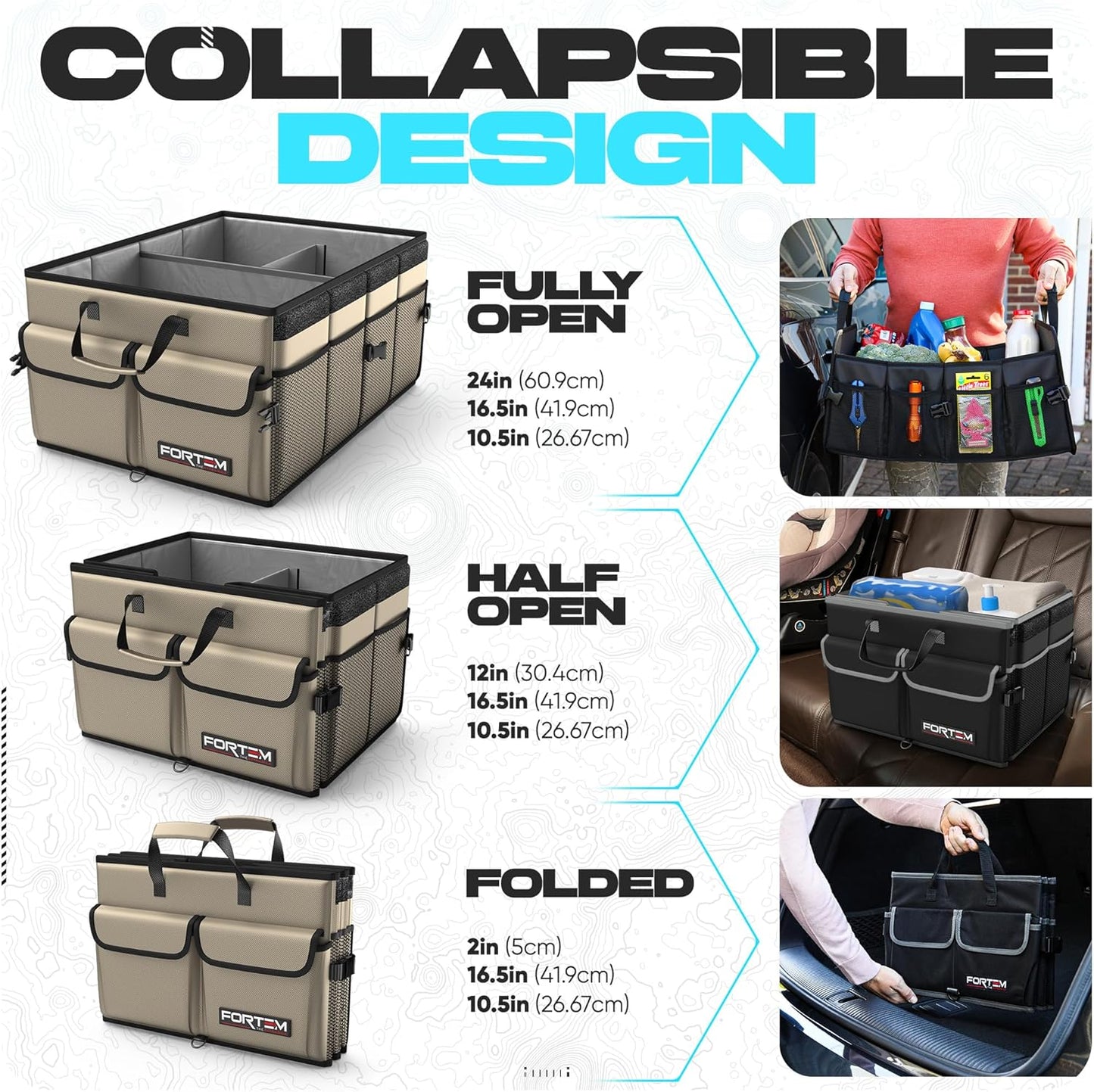 FORTEM Car Trunk Organizer, Collapsible Multi Compartment Car Organizer, Foldable SUV Storage for Car Accessories for Women Men, Non Slip Bottom, Securing Straps, Soft Cover 50L (Black, Standard)