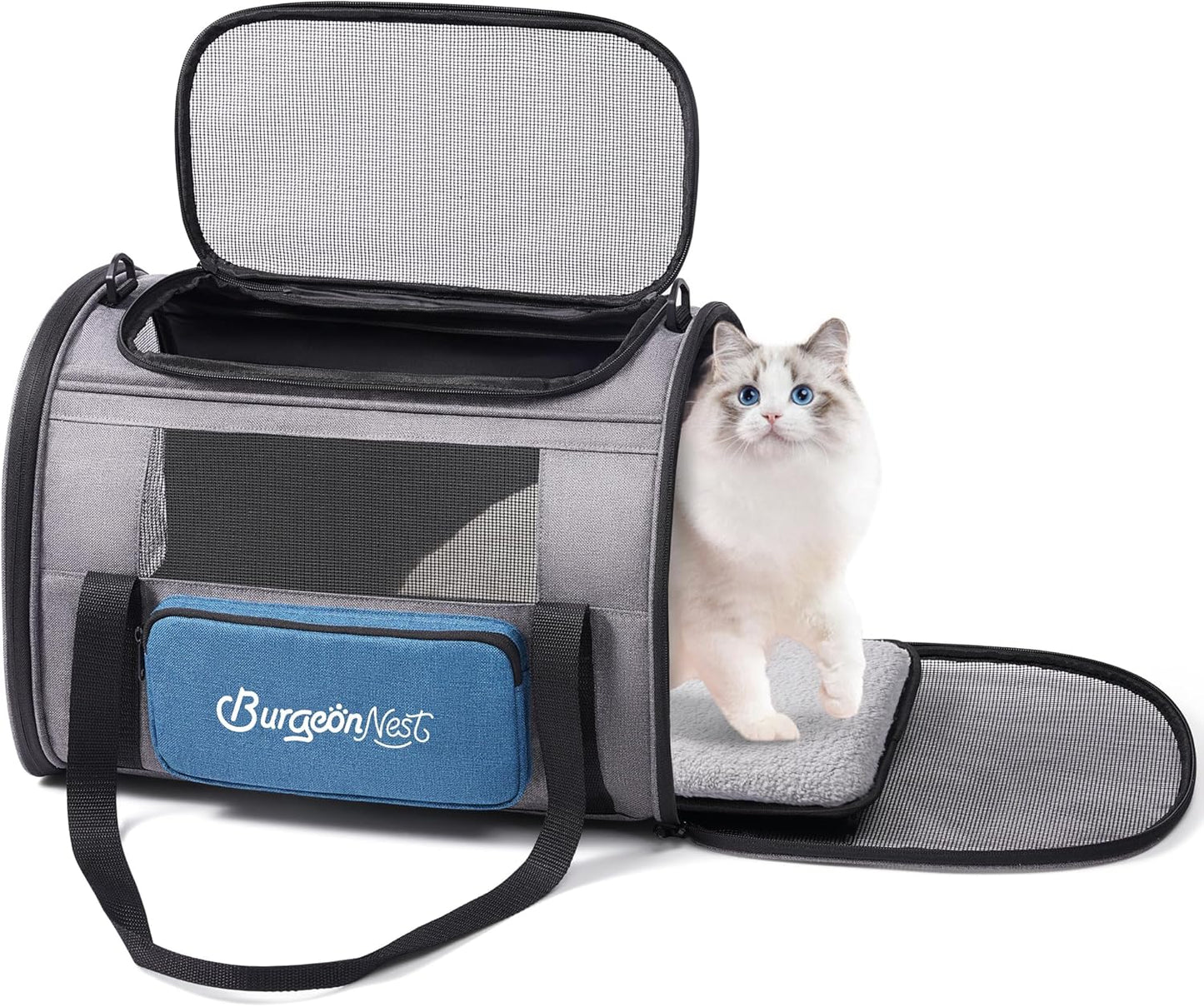 BurgeonNest Cat Carriers for Medium Cats Under 25 lbs, Pet Carrier for Cats with Unique Side Bag,Top Load Small Pet Carrier Soft-Sided Escape Proof with 4 Ventilated Windows
