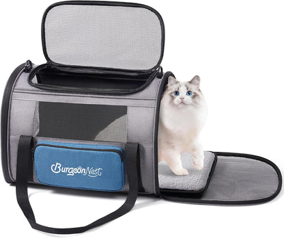 BurgeonNest Cat Carriers for Medium Cats Under 25 lbs, Pet Carrier for Cats with Unique Side Bag,Top Load Small Pet Carrier Soft-Sided Escape Proof with 4 Ventilated Windows