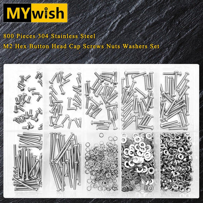 Mywish 900Pcs Metric Screw Assortment, M3 M4 M5 M6 Screw Assortment Kit 304 Stainless Steel Hex Socket Button Head Socket Cap Metric Screws Bolts & Flat Washers/Nuts/Hex Wrenches 16 Sizes 8MM to 20MM