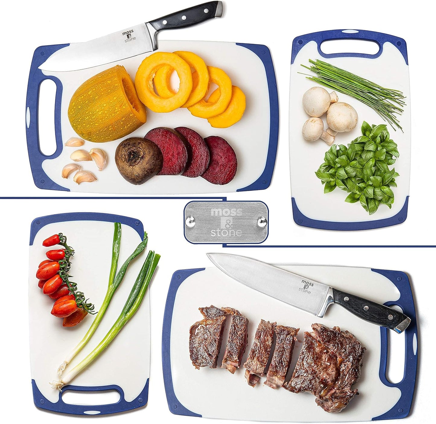 Moss & Stone 2 Piece Cutting Boards for Kitchen & Chef Knife | Polypropylene and Dishwasher Safe | 2 Chopping Board with Grip Handle | BPA-Free