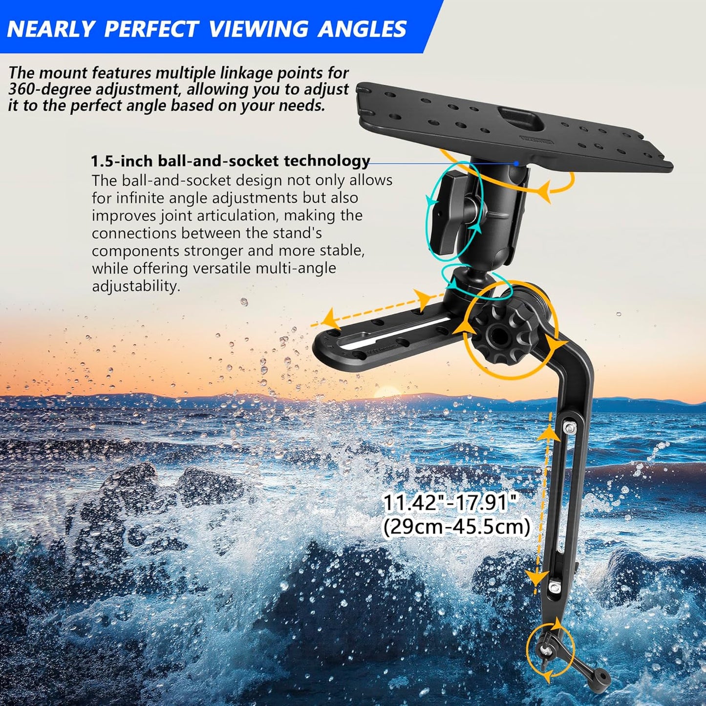 Velpaw 1.5" Ball Kayak Fish Finder Mount with Transducer Mounting Arm, Marine Electronic Mount Plate with Low Profile Track, Compatible with RAM Mounts, Scotty, Lowrance, Garmin