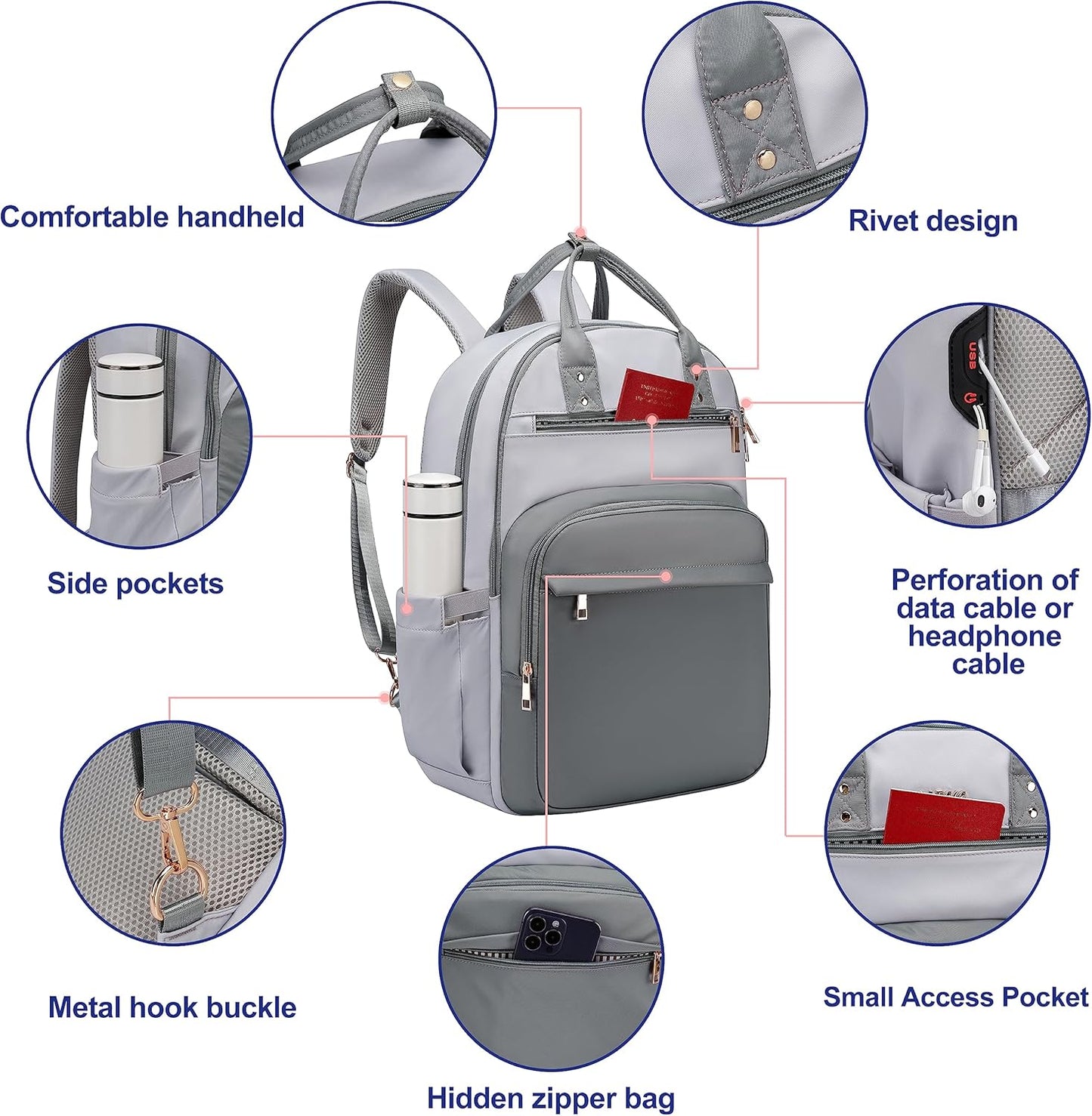 Laptop Backpack for Women Men, Water Resistant Travel Work Backpacks Purse Stylish College Business Teacher Nurse Computer Bag, Fits 17.3" Laptop Light Blue