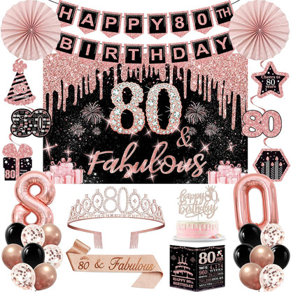 40th Birthday Decorations for Women,32pcs 40th Birthday Party Decorations,Including Backdrop, Crown,Sash,banner, Hanging Swirl,Cake Topper,balloons,Paper Fans,Anniversary Card and paper fans