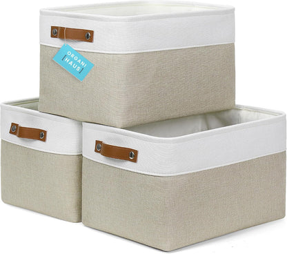 OrganiHaus Large Fabric Storage Baskets for Shelves 3 Pack, 15x11in Closet Storage Bins for Shelves, Cloth Baskets, Fabric Storage Cubes, Linen Closet Organizers, Fabric Basket, White Basket
