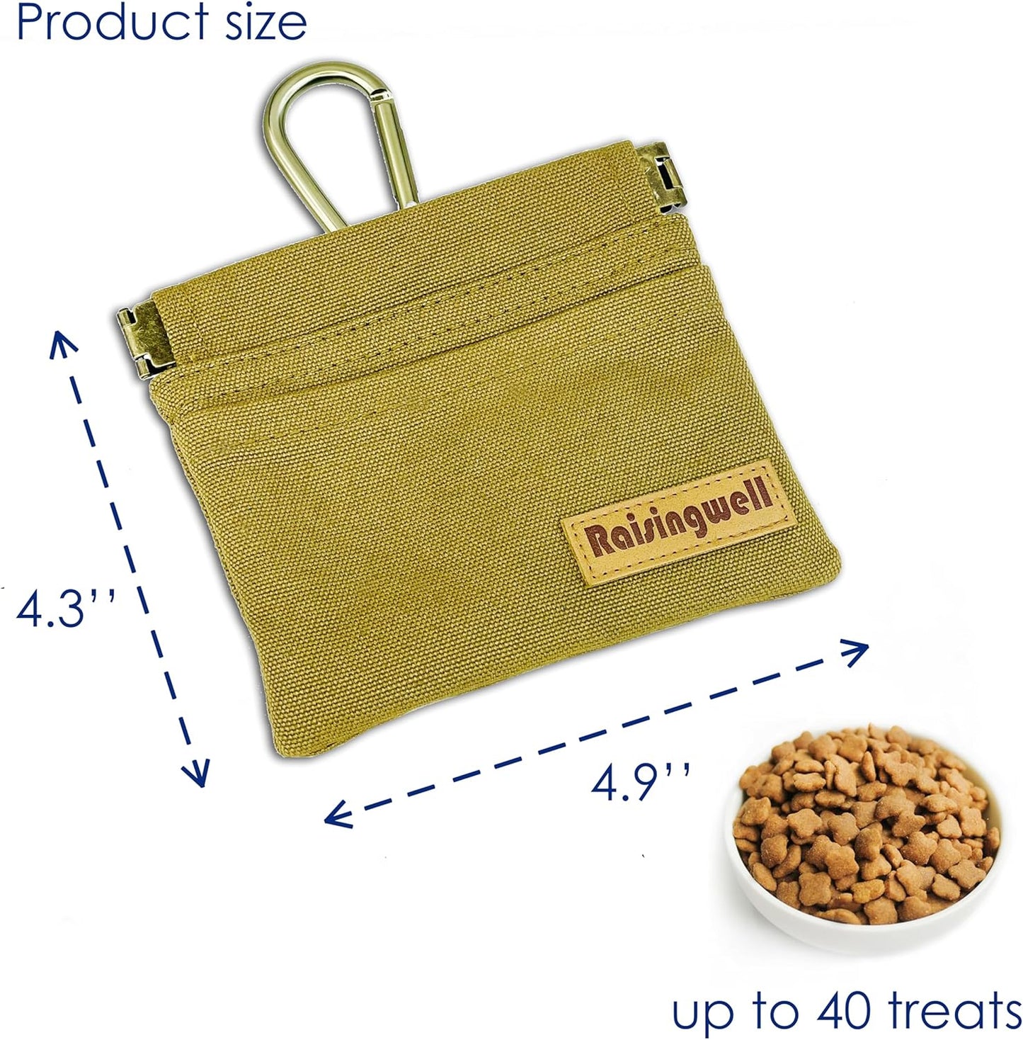 Raisingwell Dog Treat Pouch, Black Pocket Sized Pet Training Pouch, Cotton Fabric, Hand Free Dog Walking Bag with Carabiner, Self-Closing Pet Feed Snack Reward, for Pet Puppy Travel or Outdoor Use