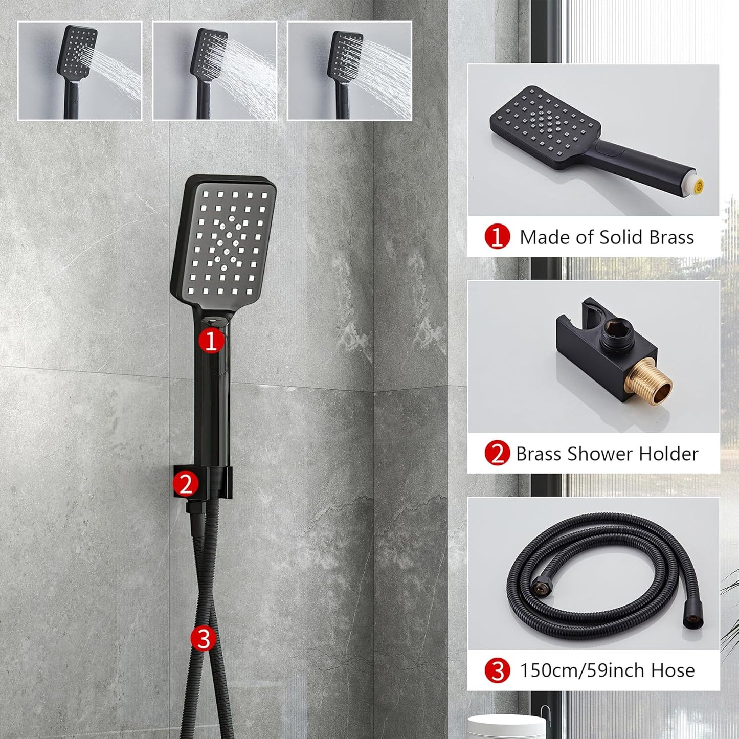 LCEVCGK Shower Faucet Set Complete Matte Black Shower System with 8 inch Square Rainfall Shower Head 3-Function Handheld Shower Waterfall Bathtub Spout Rain Shower Combo Set Bathroom Wall Mounted