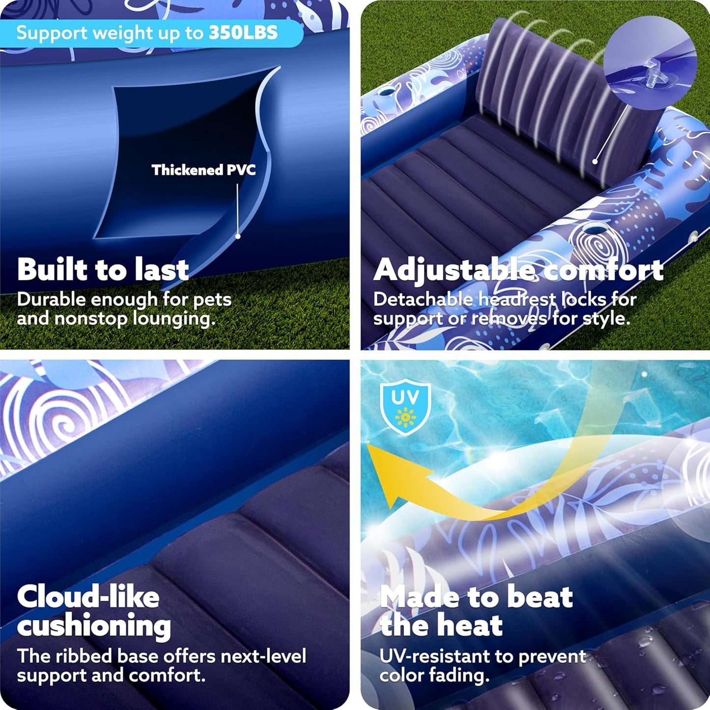Sloosh Inflatable Tanning Pool Lounger Float-XL, 85" x 57" Extra Large Suntan Sun Tan tub for Adults, Bed Blow up, Raft Lounge Floatie, XL-Blue