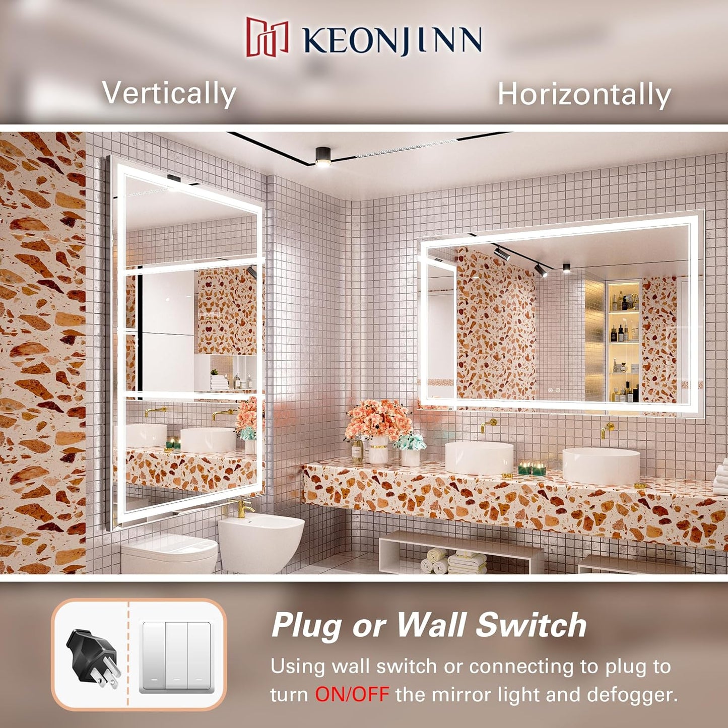 Keonjinn 40 x 24 Inch LED Mirror, Bathroom Mirror with Lights, LED Vanity Mirror, Wall Mounted Anti-Fog Dimmable Lighted Makeup Mirror for Bedroom, IP54 Waterproof (Horizontal/Vertical)