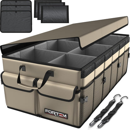 FORTEM Car Trunk Organizer, Collapsible Multi Compartment Car Organizer, Foldable SUV Storage for Car Accessories for Women Men, Non Slip Bottom, Securing Straps, Soft Cover 50L (Black, Standard)