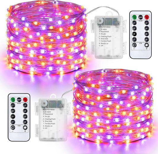Lyhope Orange Purple Halloween Lights, 2 Pack 33ft 100 Led Battery Halloween Lights, Waterproof 8 Modes with Remote Copper Wire String Lights for Halloween Holiday Party Carnival Graveyard Decorations
