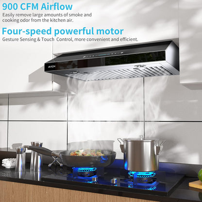 IKTCH Upgrated 30"Under Cabinet Range Hood, 900 CFM Ducted Range Hood with 4 Speed Fan, Stainless Steel & Black Tempered Glass Range Hood 30 inch with Gesture Sensing&Touch Control Making life Smarter