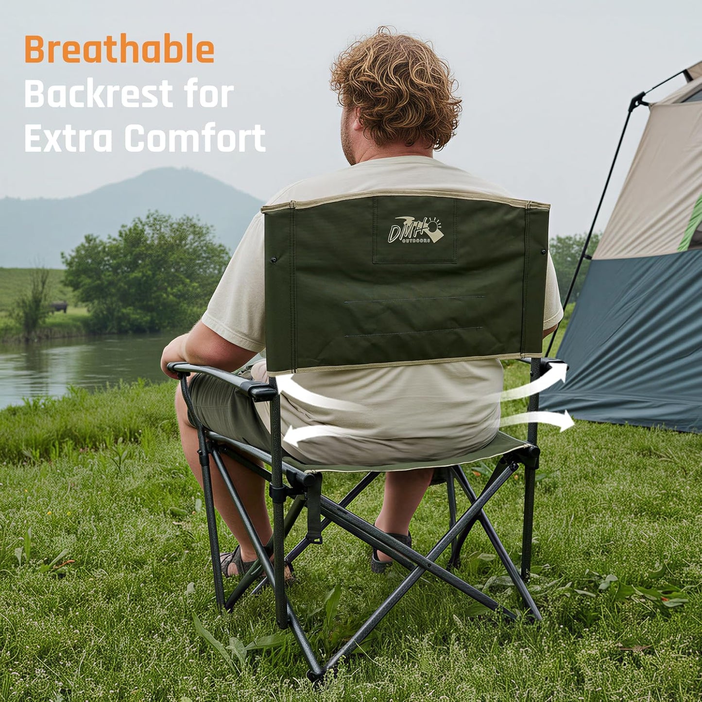 Folding Camping Chairs 2 Pack, Heavy Duty Camping Chairs for Adults Steel Frame Support 400 lbs, Metal Arm Lawn Chairs with Swivel Cup Holder, Hollow Backrest Camp Chair, Outdoor Sports Chairs, Green