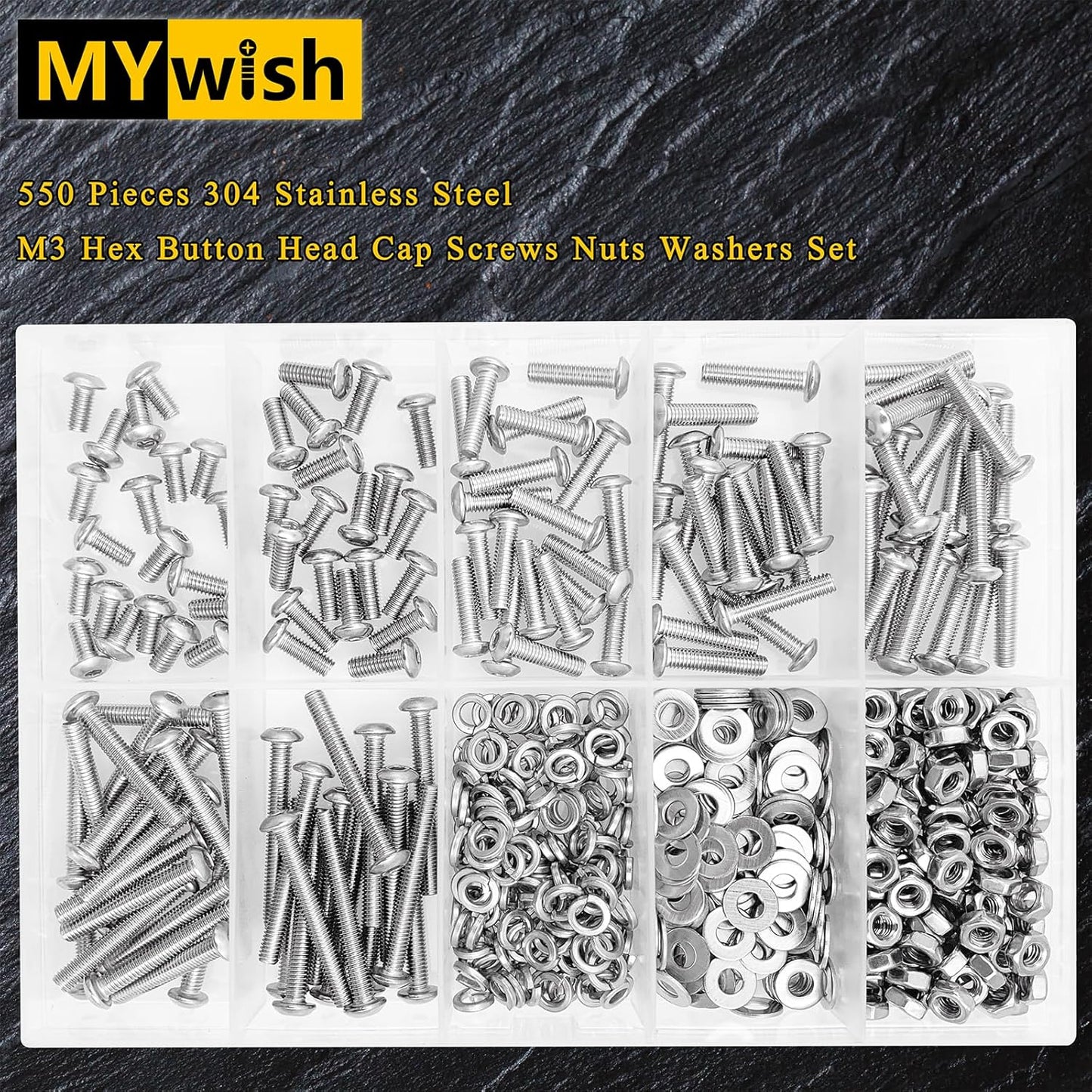 Mywish 900Pcs Metric Screw Assortment, M3 M4 M5 M6 Screw Assortment Kit 304 Stainless Steel Hex Socket Button Head Socket Cap Metric Screws Bolts & Flat Washers/Nuts/Hex Wrenches 16 Sizes 8MM to 20MM