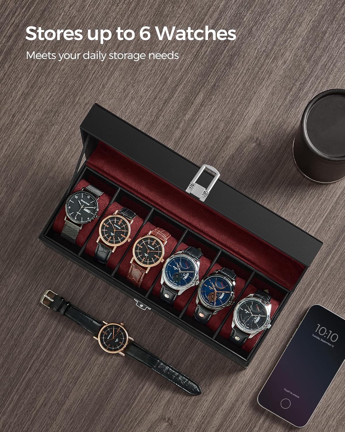 SONGMICS Watch Box, 6-Slot Watch Case, Watch Box Organizer, Black Synthetic Leather, Greenish Gray Lining UJWB06BK
