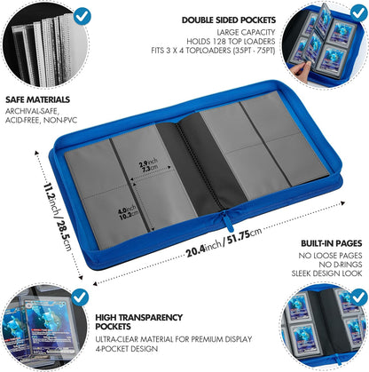 FunGuys Toploader Binder, Trading Card Binder Storage,128 4 Pocket Top Loader Pokemon Binder, Card Collection Yugioh Cards, MTG, TCG, Folders for Trading Cards