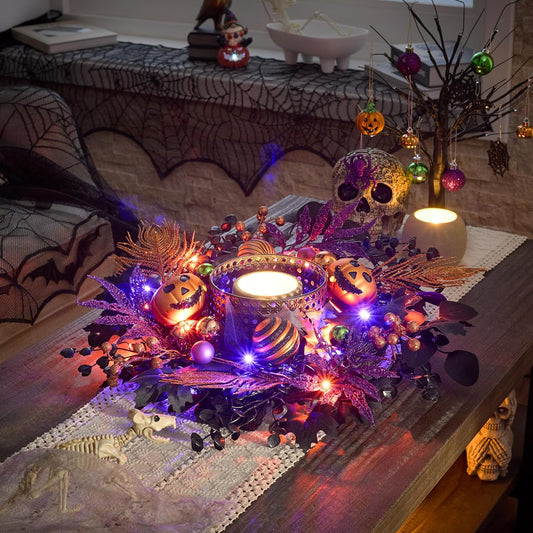 Valery Madelyn Halloween Wreath for Front Door with Lights, 18inch Pre-Lit Jack-o'-Lantern Pumpkin Wreath Halloween Decorations for Centerpiece Window Indoor Party Holiday Wall Home Decor