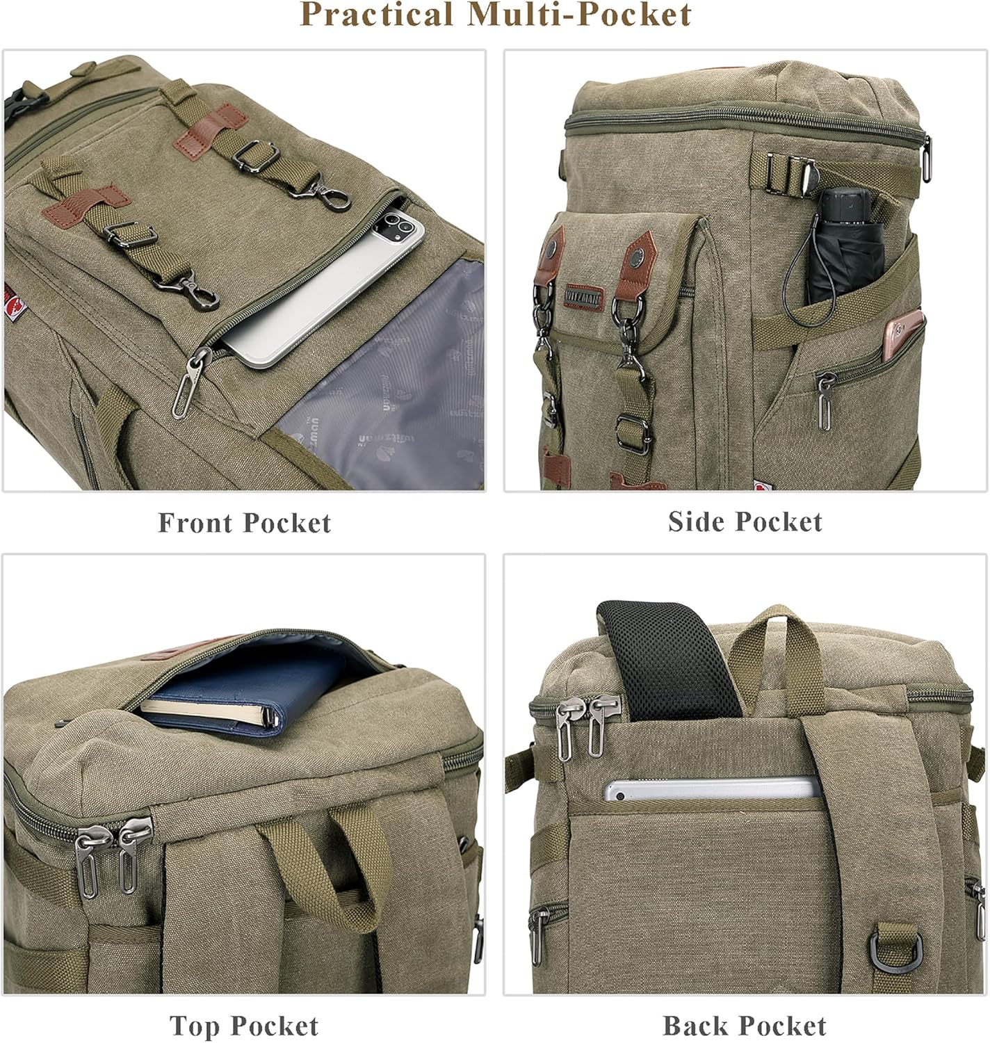 WITZMAN Travel Backpack for Men Women Canvas Backpack Carry on Luggage Rucksack Convertible Duffel Bag Large