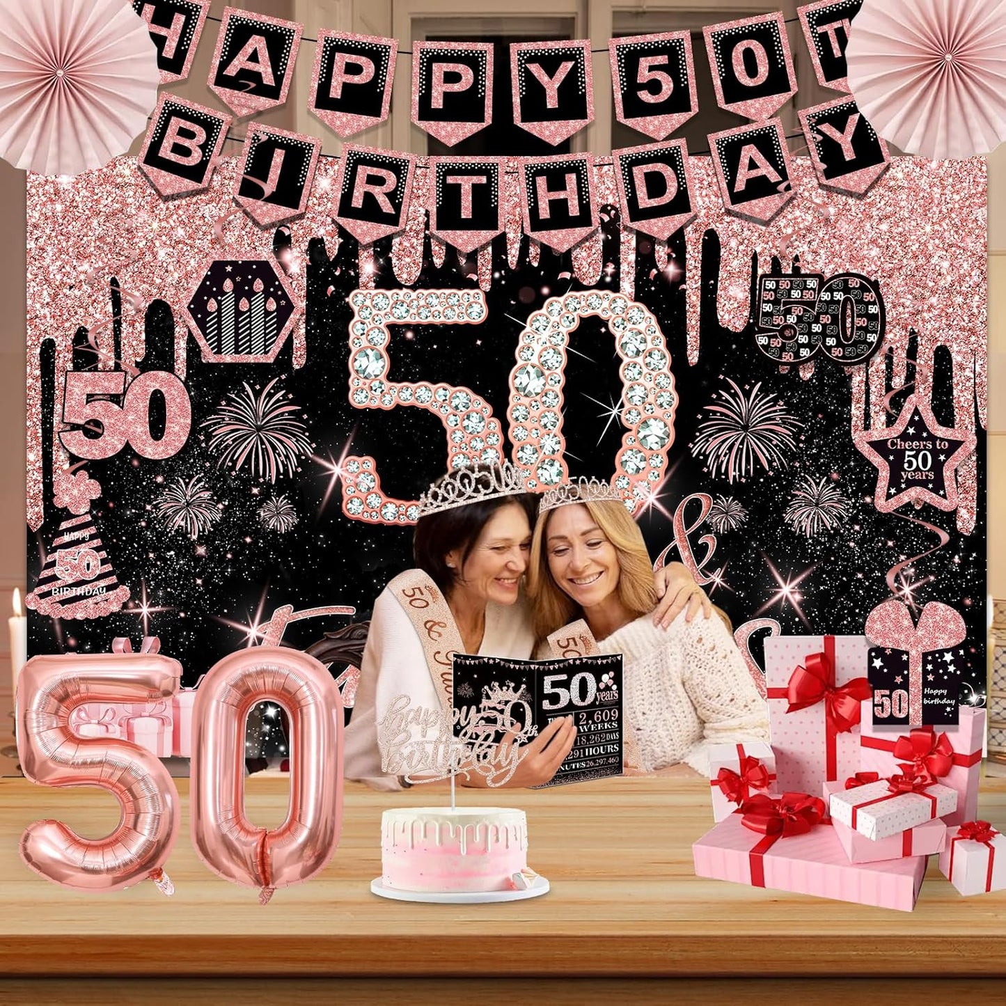 40th Birthday Decorations for Women,32pcs 40th Birthday Party Decorations,Including Backdrop, Crown,Sash,banner, Hanging Swirl,Cake Topper,balloons,Paper Fans,Anniversary Card and paper fans