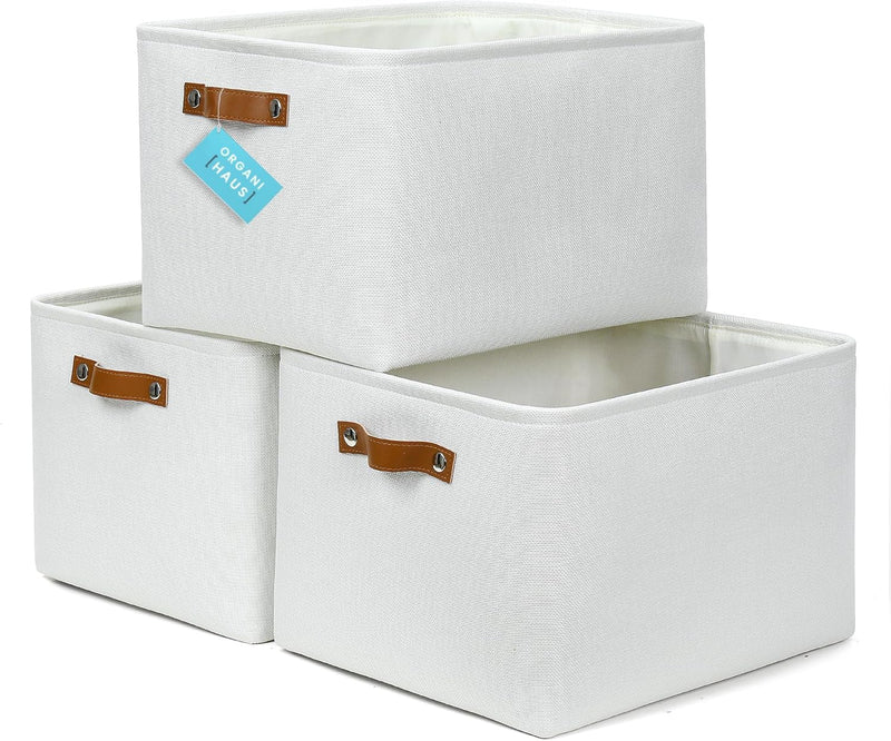 OrganiHaus Large Fabric Storage Baskets for Shelves 3 Pack, 15x11in Closet Storage Bins for Shelves, Cloth Baskets, Fabric Storage Cubes, Linen Closet Organizers, Fabric Basket, White Basket