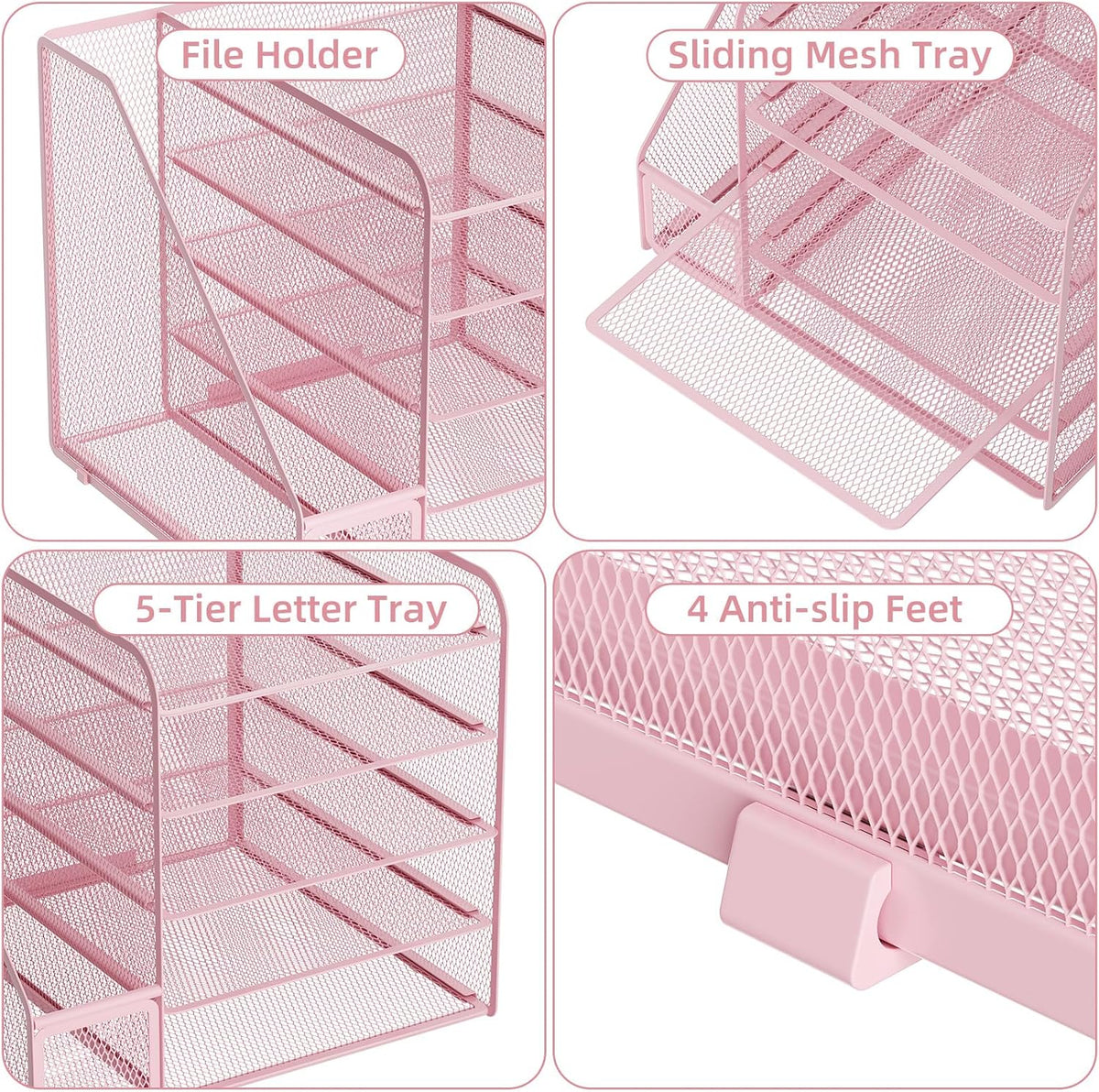 Marbrasse Desk Organizers and Accessories, 5-Tier Paper Letter Tray Organizer with File Holder, Mesh File Organizer for Desk, Office Desk Accessories & Organization for Supplies (Pink)