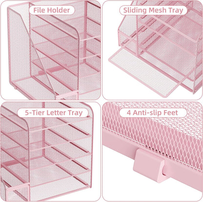 Marbrasse Desk Organizers and Accessories, 5-Tier Paper Letter Tray Organizer with File Holder, Mesh File Organizer for Desk, Office Desk Accessories & Organization for Supplies (Pink)