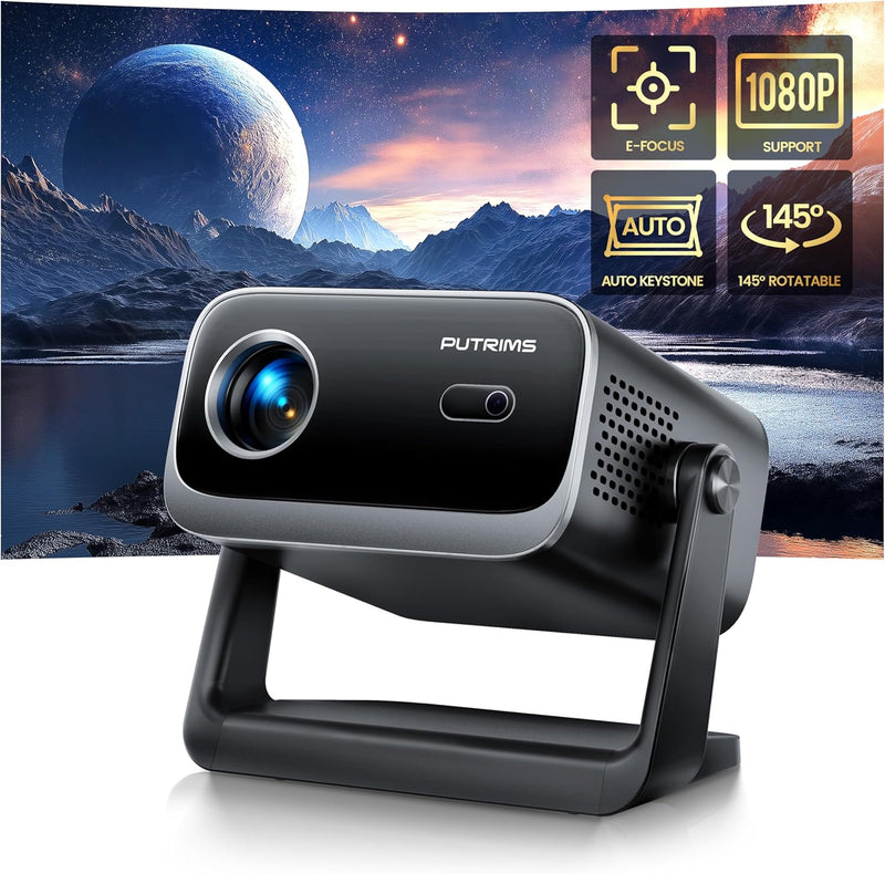 Projector with Auto Keystone/Electric Focus, PUTRIMS 1080P S28 Mini Projector WiFi and Bluetooth, Portable Projector 145°Adjustable Stand 50% Zoom 200" Screen for Phone/TV Stick/PS5/USB