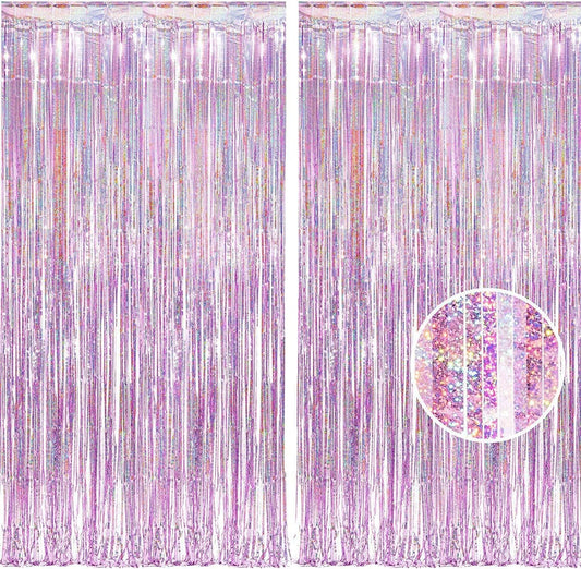 BRAVESHINE Pink Glitter Tinsel Foil Fringe Curtain - 2 Pcs 3.2x8.2 ft Metallic Party Supplies Photo Backdrop for Girl Princess Birthday Unicorn Bachelorette Butterfly Bridal Shower Party Decorations
