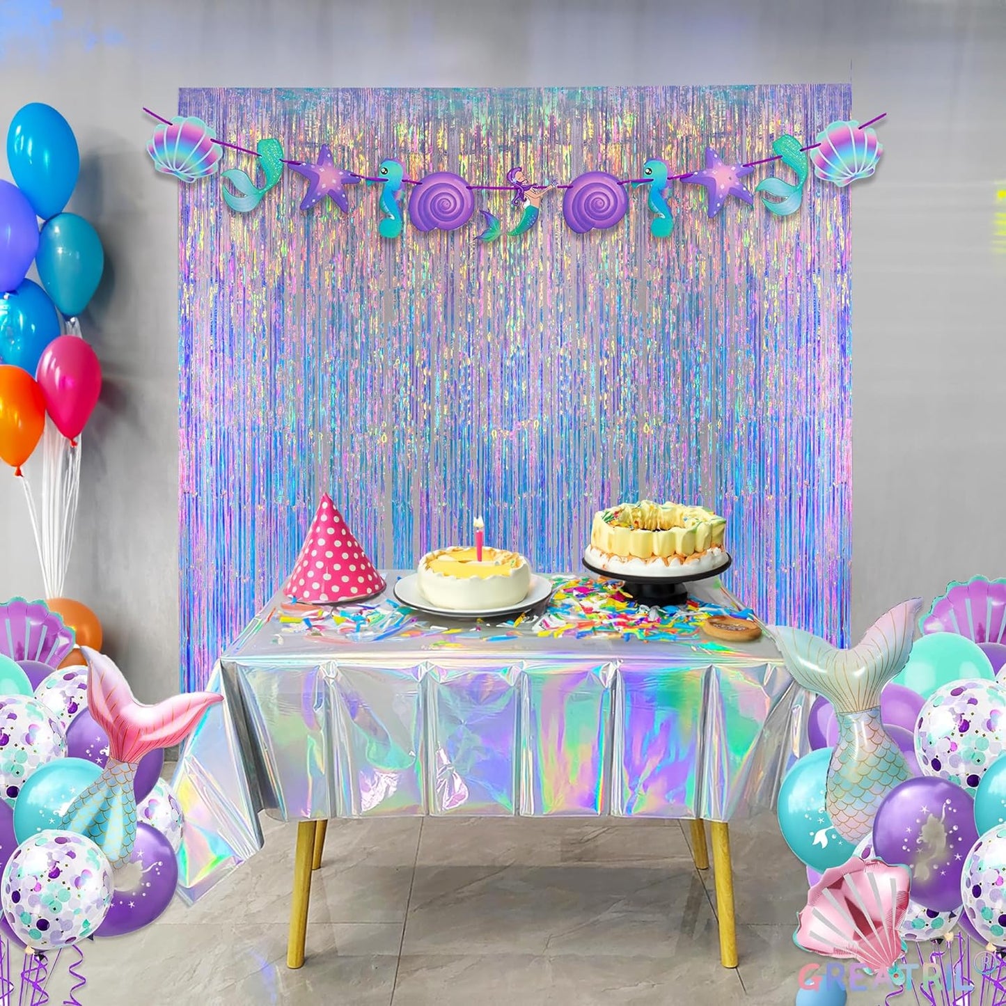 GREATRIL Iridescent Party Tinsel Fringe Backdrop Decorations - Holographic Foil Streamers Curtain for Mermaid/Under The Sea/Frozen/Ocean/Disco/Birthday Themed 3.2ft x 6.5ft - 2 PCS