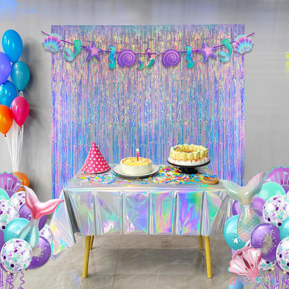 GREATRIL Iridescent Party Tinsel Fringe Backdrop Decorations - Holographic Foil Streamers Curtain for Mermaid/Under The Sea/Frozen/Ocean/Disco/Birthday Themed 3.2ft x 6.5ft - 2 PCS