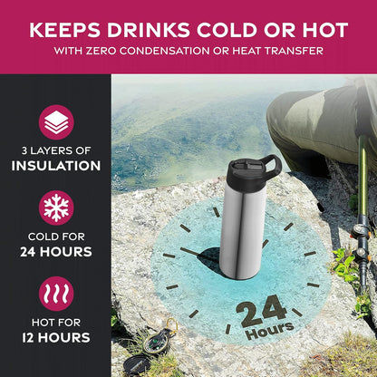 FineDine Water Bottle - Stainless Steel Insulated Water Bottle with Straw Lid, Flip Lid & Wide-Mouth Cap - Keeps Hot and Cold - 25 Oz / 739ml - Pure Pearly White