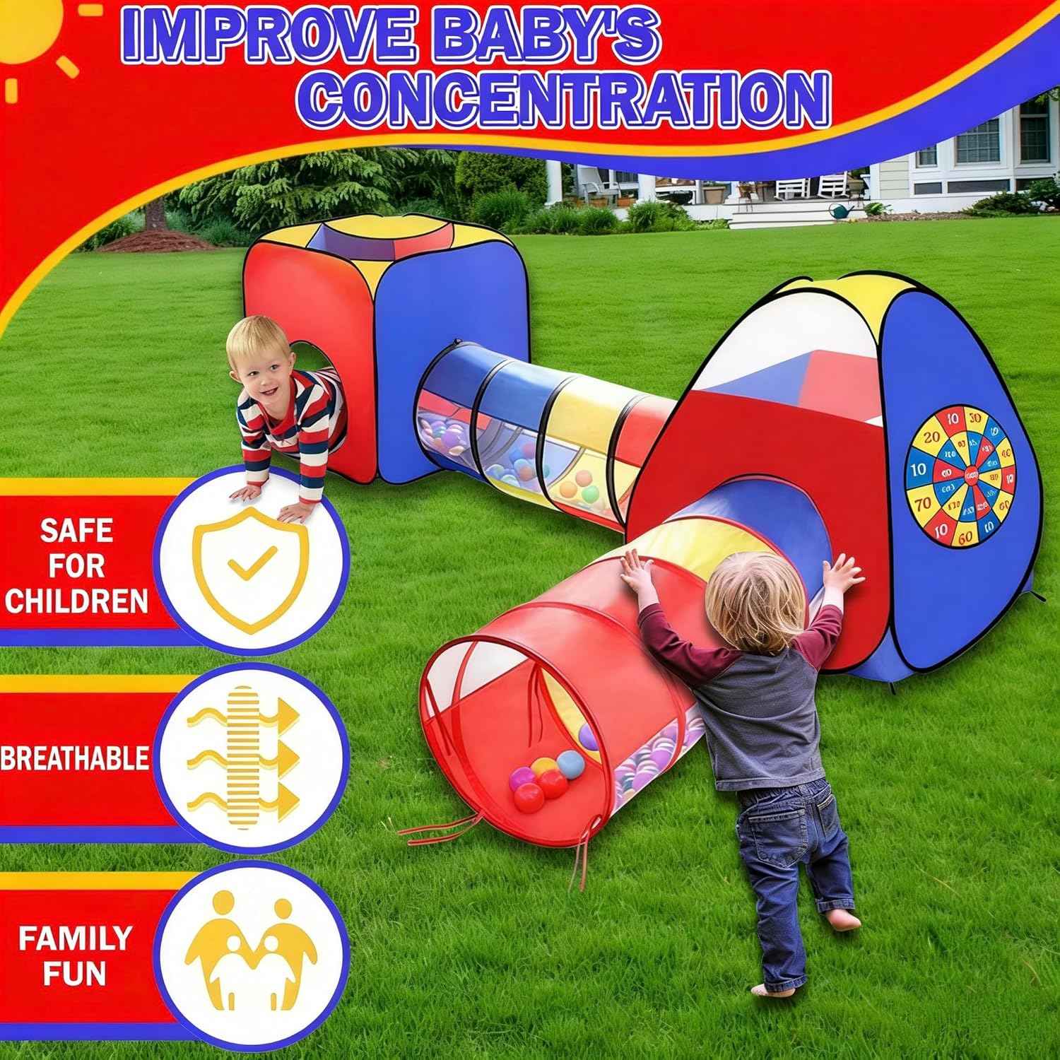 4-in-1 Pop Up Kids Play Tent with Tunnel and Ball Pit, Foldable Indoor Outdoor Playhouse for Toddlers and Children, Easy Setup Play Tent with Storage Bag - PuriLite