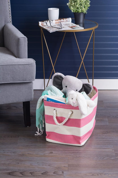 DII Storage Basket or Bin, Collapsible & Convenient Storage Solution for Office, Bedroom, Closet, Toys, Laundry (Large) - Pink Rugby Stripe